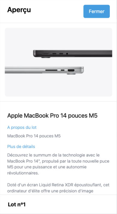 Écran iPhone — aperçu détaillé du 1ᵉʳ prix de la Tombola Solidaire 2026 : un Apple MacBook Pro 14 pouces M5, avec « À propos du lot » et « Plus de détails ».