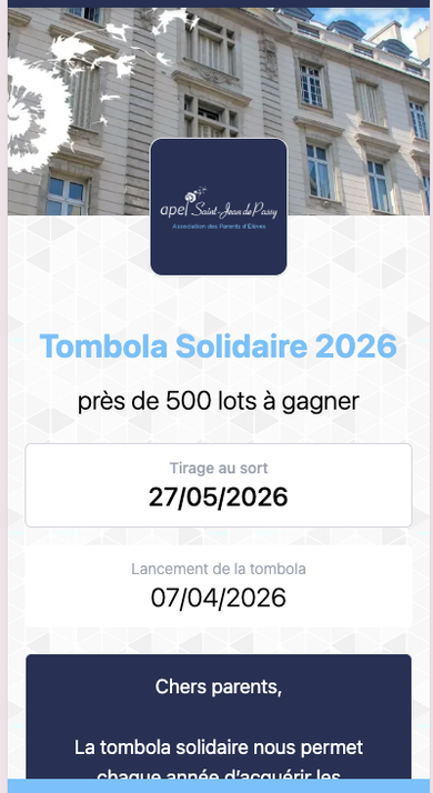 Écran iPhone — infos de la Tombola Solidaire 2026 : lancement le 07/04/2026, tirage au sort le 27/05/2026 et message « Chers parents ».