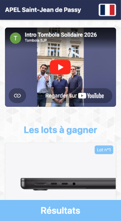 Écran iPhone — « Les lots à gagner » de la Tombola Solidaire 2026 : le 1ᵉʳ prix, un Apple MacBook Pro 14 pouces M5, présenté en Lot n°1.