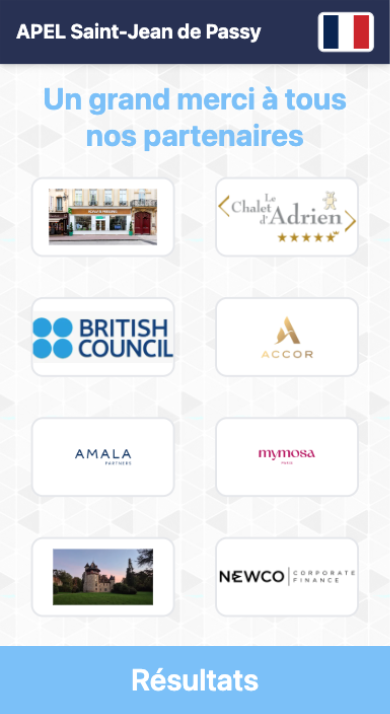 Écran iPhone — « Un grand merci à tous nos partenaires » de la Tombola Solidaire 2026 : Le Chalet d'Adrien, British Council, Accor, Amala Partners, Mimosa Paris, Newco Corporate Finance.