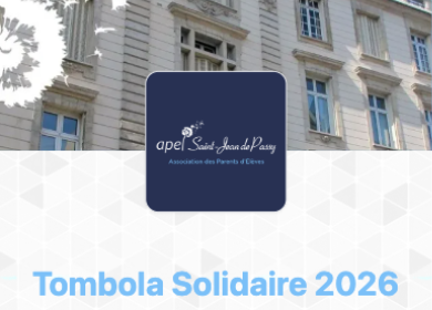 Recadrage de l'écran d'accueil — logo de l'APEL et « Tombola Solidaire 2026 » sur fond bleu nuit.