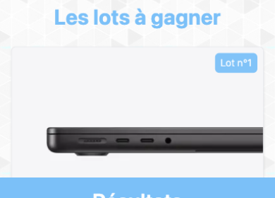 Recadrage de l'écran des lots — « Les lots à gagner » et le 1ᵉʳ prix, un MacBook Pro (Lot n°1), de la Tombola Solidaire 2026.