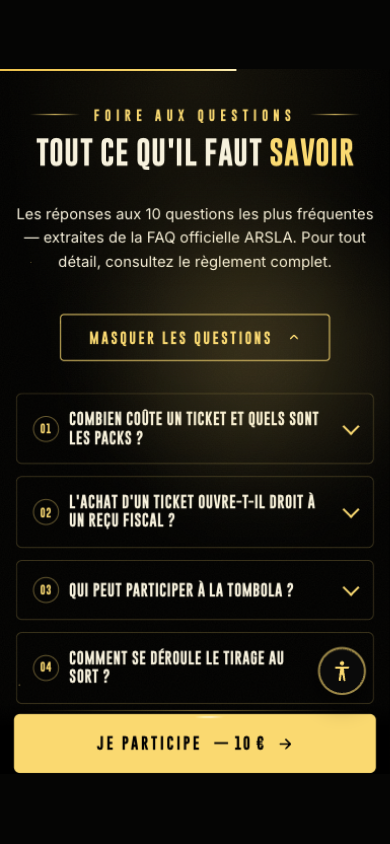 Écran iPhone — foire aux questions « Tout ce qu'il faut savoir » de la tombola ARSLA : prix du ticket, reçu fiscal, tirage au sort, réclamation des lots, RGPD.