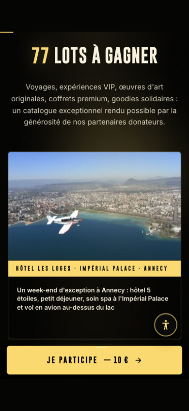 Écran iPhone — galerie « 77 lots à gagner » : voyages, expériences VIP et œuvres d'art présentés en vitrine, avec le week-end 5 étoiles à Annecy en lot phare.
