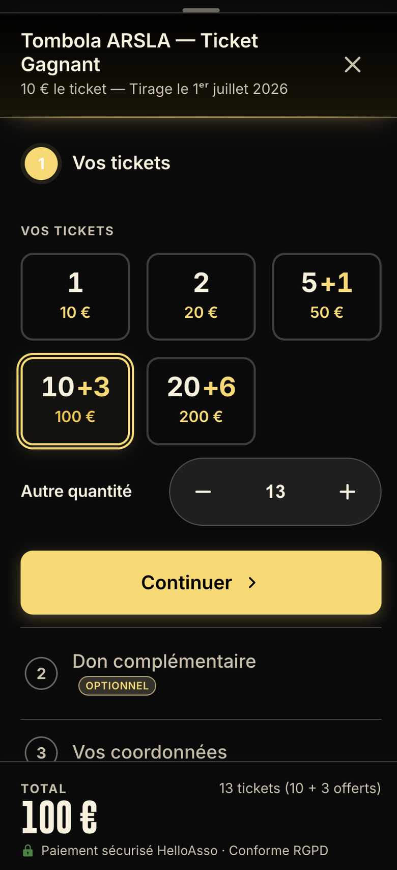 Écran « Vos tickets » de la tombola ARSLA sur smartphone : packs 1, 2, 5+1, 10+3 et 20+6 tickets, quantité libre et bouton « Continuer »