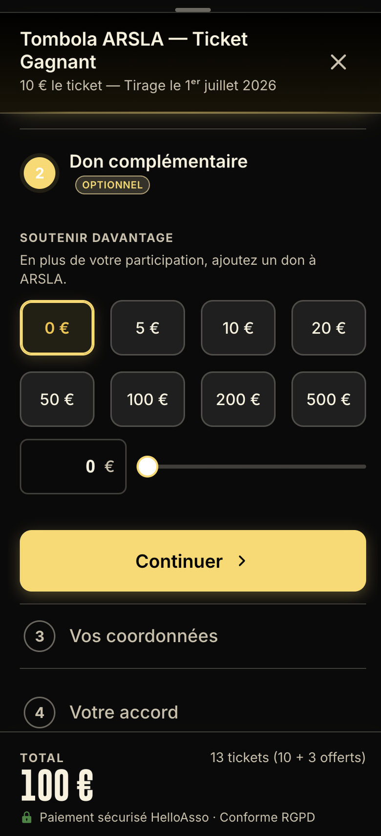 Écran « Don complémentaire » de la tombola ARSLA sur smartphone : paliers de don de 0 à 500 €, montant libre au curseur et bouton « Continuer »