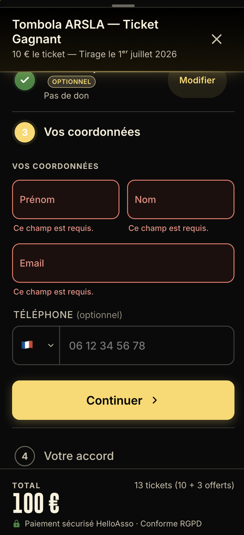 Écran « Vos coordonnées » de la tombola ARSLA sur smartphone : champs prénom, nom, e-mail et téléphone pour le reçu fiscal, puis bouton « Continuer »