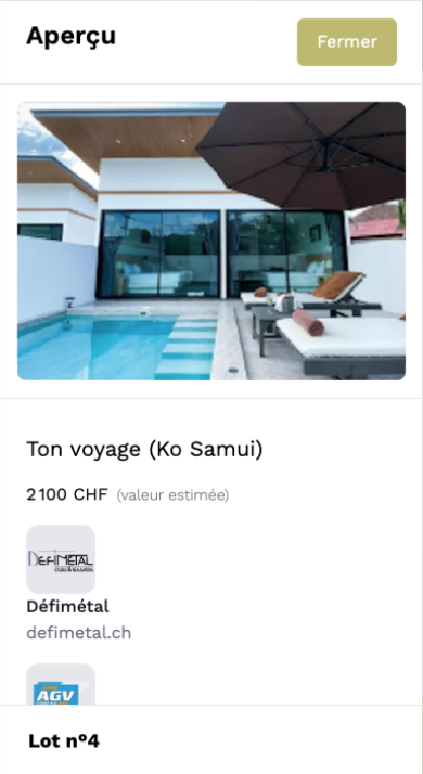 Écran iPhone — aperçu détaillé d'un lot de la tombola FC Châtel-Saint-Denis : « Ton voyage (Ko Samui) », une villa avec piscine, d'une valeur estimée à 2 100 CHF.