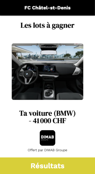 Écran iPhone — « Les lots à gagner » : le 1ᵉʳ prix, une BMW d'une valeur de 41 000 CHF, offerte par DIMAB Groupe.