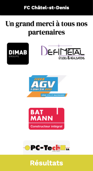 Écran iPhone — « Un grand merci à tous nos partenaires » de la tombola FC Châtel-Saint-Denis : DIMAB Groupe, Défimétal, AGV Toni SA, Bat Mann et PC-Tech SA.