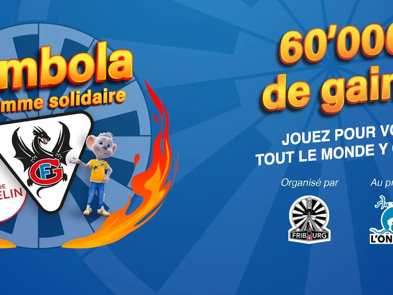 Key visual de la tombola « La flamme solidaire » de la Table Ronde n°8 Fribourg — roue de loterie bleu roi cerclée de flammes, logo HC Fribourg-Gottéron et Guide Michelin, « 60'000.- de gains ».