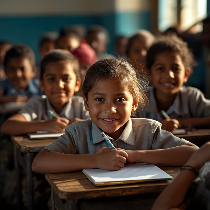 Une fillette concentrée écrit dans son cahier, entourée de camarades de classe — salle de cours UNICEF