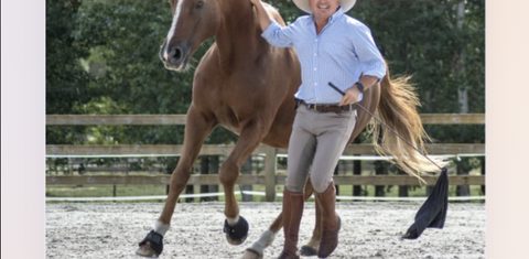 Cavalier au travail avec un cheval bai en carrière — lot « stages en auditeur libre avec Andy Booth » de la loterie solidaire EquiAction.