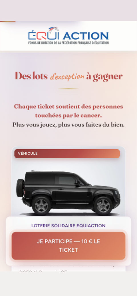 Écran iPhone — « Des lots d'exception à gagner » : le Land Rover Defender 90 présenté en lot véhicule de la loterie solidaire.