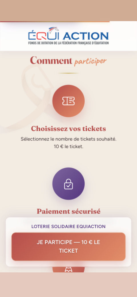 Écran iPhone — « Comment participer » : choisissez vos tickets puis paiement sécurisé, en quelques étapes.