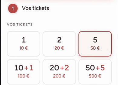 Recadrage : « Vos tickets » — 1, 2, 5, 10+1, 20+2, 50+5