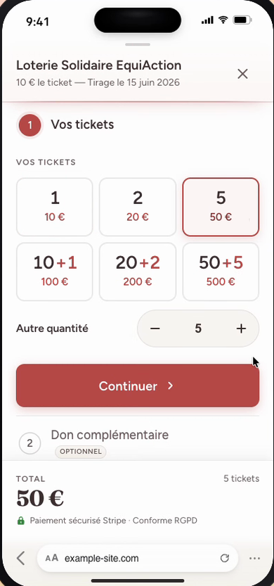 Écran complet — étape 1 du parcours : choix des tickets de la loterie solidaire EquiAction (10 € le ticket, tirage le 15 juin 2026).