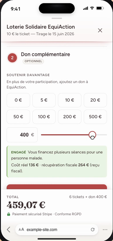 Écran complet — étape 2 du parcours : don complémentaire optionnel ouvrant droit à un reçu fiscal.