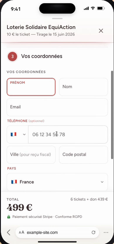 Écran complet — étape 3 du parcours : coordonnées, paiement sécurisé Stripe et reçu fiscal.