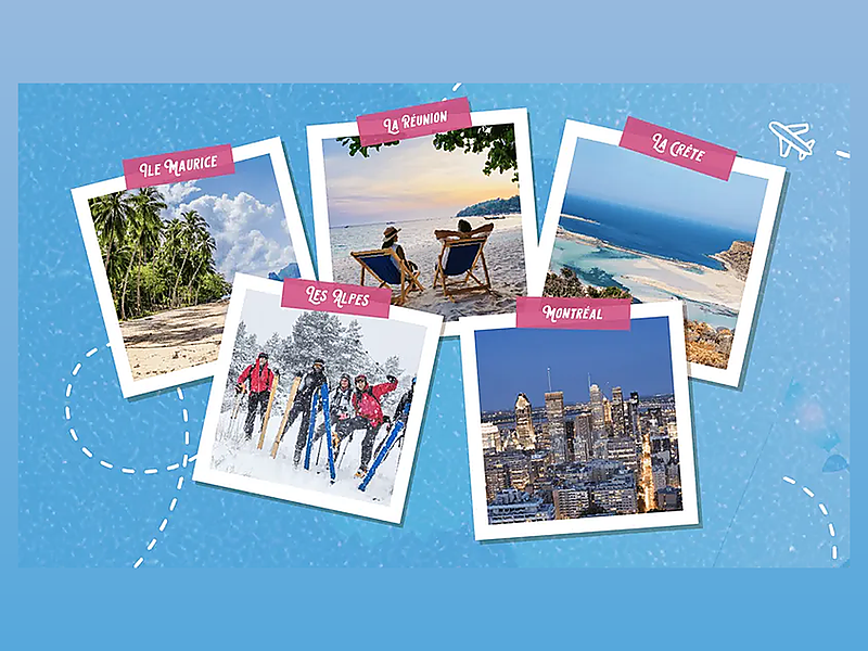 Les séjours de rêve à gagner : collage de cinq polaroïds de voyage — Île Maurice, La Réunion, La Crète, Les Alpes et Montréal — reliés par un trajet d'avion, sur le fond bleu de la campagne Imagine for Margo.