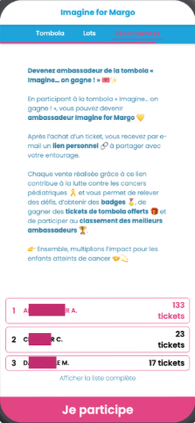 Écran mobile de la page Imagine for Margo : espace ambassadeur présentant le classement des meilleurs ambassadeurs et leur nombre de tickets vendus.