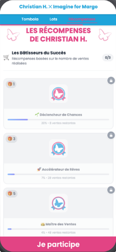 Écran mobile de la page Imagine for Margo : « Les récompenses » d'un ambassadeur — badges et paliers de ventes (Déclencheur de Chances, Accélérateur de Rêves, Maître des Ventes) avec barre de progression.