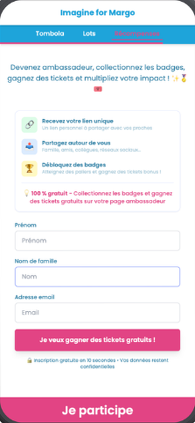 Écran mobile de la page Imagine for Margo : formulaire d'inscription ambassadeur « Je veux gagner des tickets gratuits ! », avec lien personnel à recevoir, partage autour de soi et badges à débloquer.