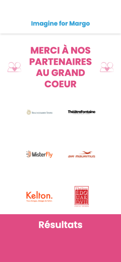 Écran de la page Imagine for Margo : section « Merci à nos partenaires au grand cœur » — Beachcomber Tours, Théâtre Fontaine, MisterFly, Air Mauritius, Kelton et Théâtre Édouard VII.