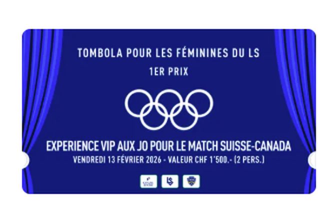 Visuel de l'expérience VIP du Mini Papet du LS — anneaux olympiques sur fond bleu, « 1er prix · expérience VIP aux JO pour le match Suisse–Canada ».