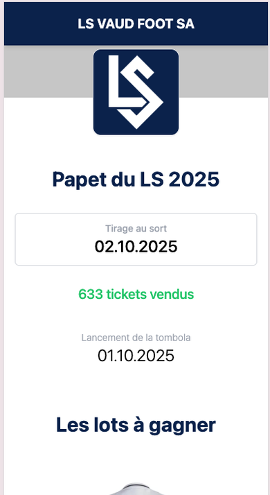 Écran iPhone — fiche d'un lot du Papet du LS : un maillot du Real Madrid floqué Vinícius Jr. n°7, parmi « Les lots à gagner ».