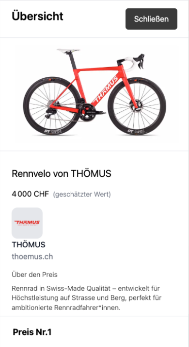 Écran iPhone — aperçu détaillé d'un lot de la Swiss-Ski Night : « Rennvelo von THÖMUS », un vélo de course Swiss-made, valeur estimée 4 000 CHF.