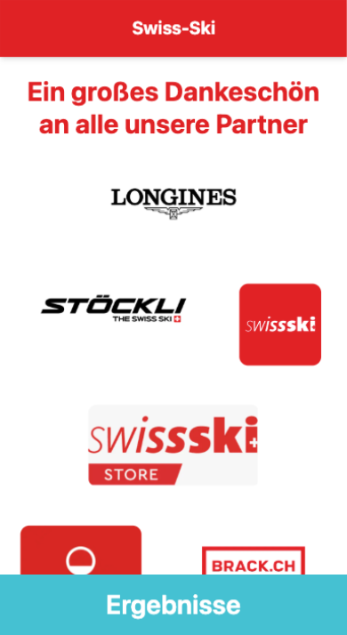 Écran iPhone — « Ein grosses Dankeschön an alle unsere Partner » de la Swiss-Ski Night : Longines, Stöckli, Swiss-Ski, Swiss-Ski Store, Sunrise et BRACK.CH.