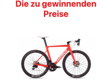 Recadrage de l'écran des lots — « Die zu gewinnenden Preise » et le 1ᵉʳ prix, un vélo de course THÖMUS à 4 000 CHF.