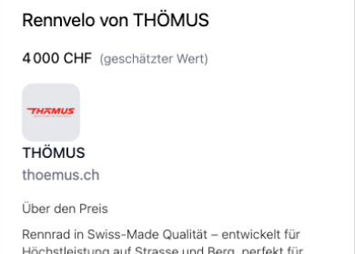 Recadrage de l'écran d'aperçu détaillé — « Rennvelo von THÖMUS », valeur estimée 4 000 CHF, présenté par THÖMUS (thoemus.ch).