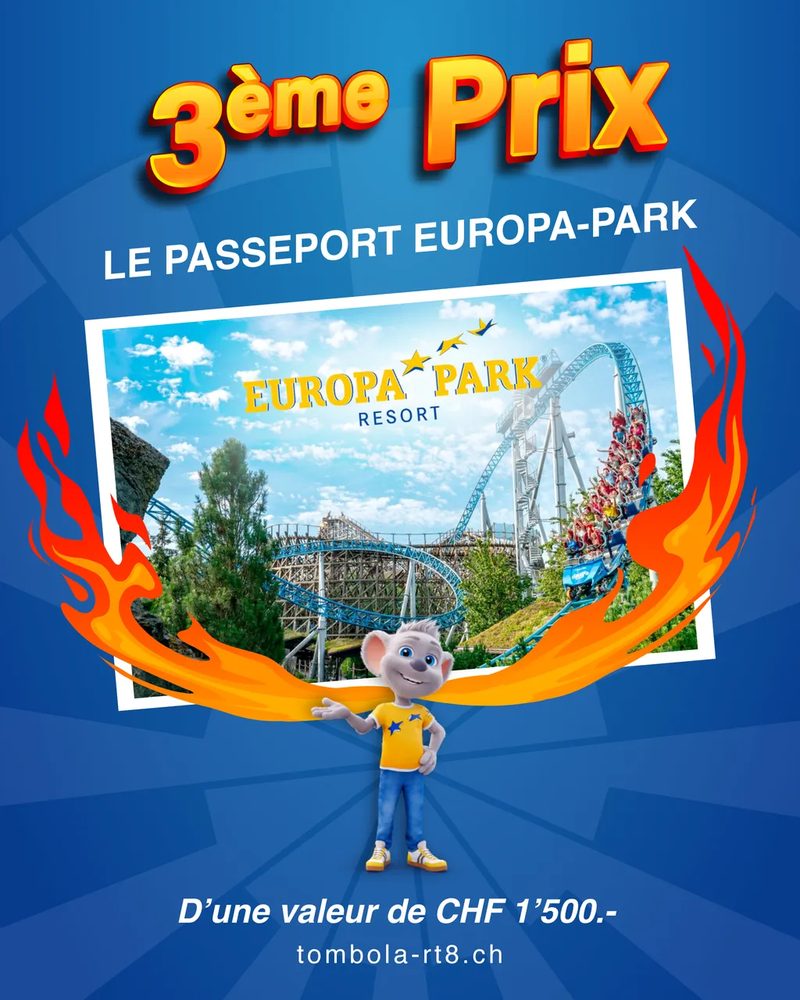 3ᵉ prix — Le passeport Europa-Park : affiche bleu roi, montagnes russes du resort Europa-Park, valeur CHF 1'500.-.