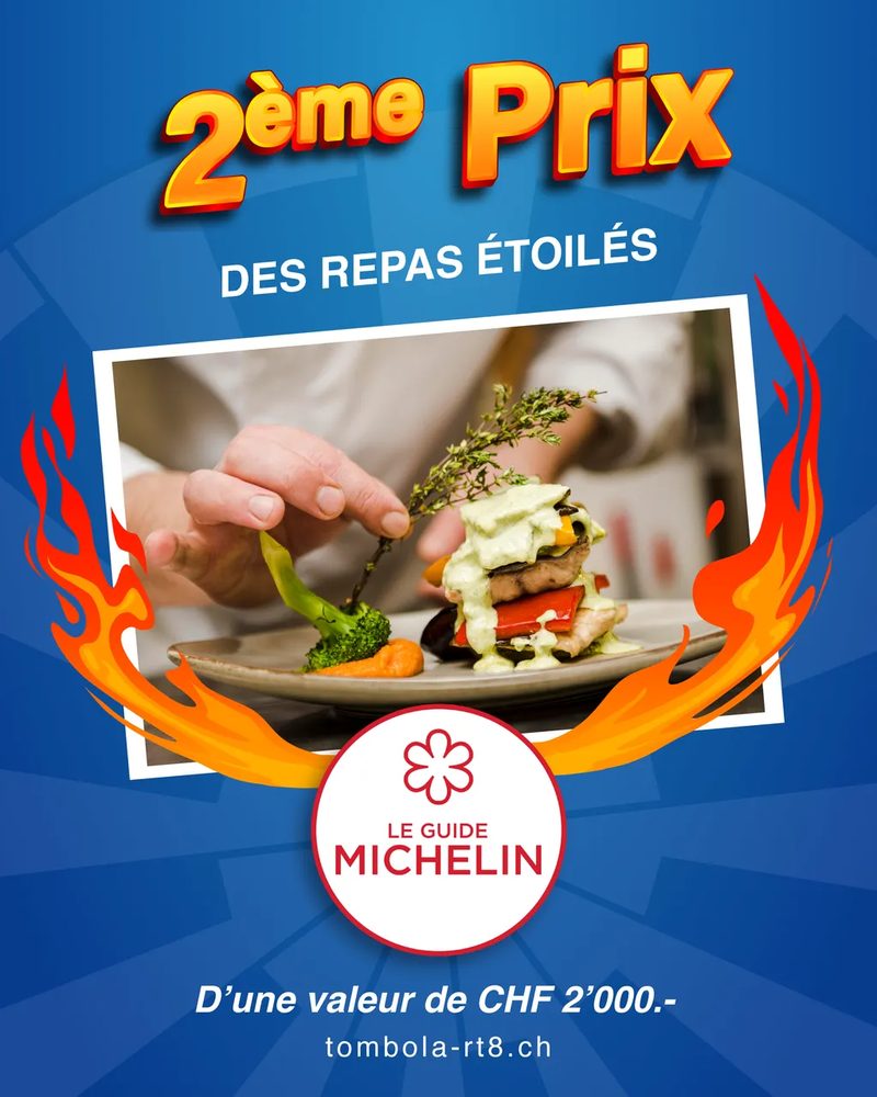 2ᵉ prix — Des repas étoilés : affiche bleu roi, assiette gastronomique dressée par un chef et macaron Guide Michelin, valeur CHF 2'000.-.