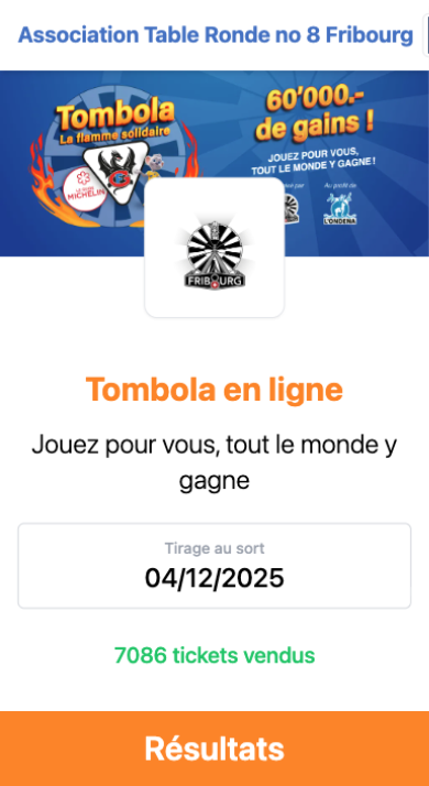 Écran iPhone — accueil de la tombola « La flamme solidaire » de la Table Ronde n°8 Fribourg : key visual bleu roi, « Tombola en ligne », tirage au 04/12/2025 et 7 086 tickets vendus.