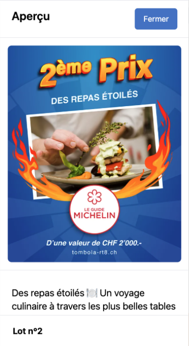 Écran iPhone « Aperçu » d'un lot de la tombola Table Ronde n°8 Fribourg : le 2ᵉ prix « Des repas étoilés » du Guide Michelin (CHF 2'000.-), avec son affiche, son descriptif et l'en-tête Aperçu / Fermer.