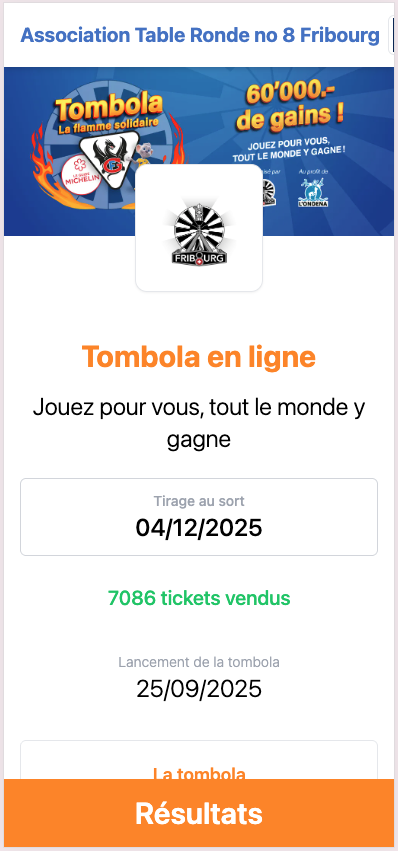Écran iPhone — aperçu détaillé d'un lot de la tombola Table Ronde n°8 Fribourg : le 2ᵉ prix, des repas étoilés au Guide Michelin d'une valeur de CHF 2'000.-.