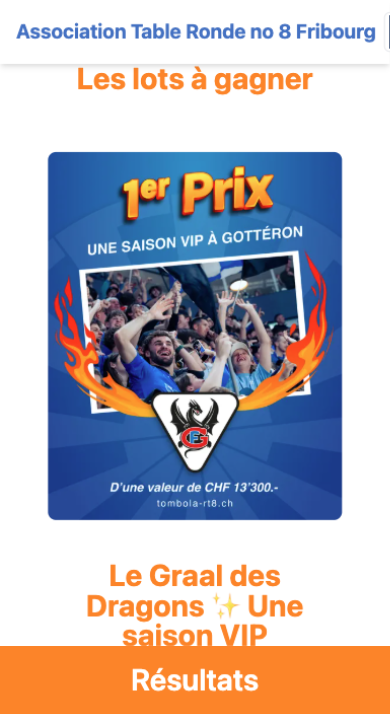 Écran iPhone — « Les lots à gagner » : le 1ᵉʳ prix, une saison VIP à HC Fribourg-Gottéron d'une valeur de CHF 13'300.-, présenté en affiche bleu roi et flammes.