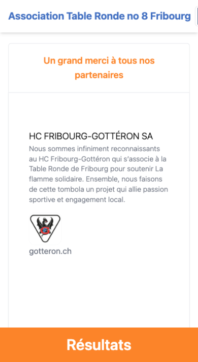 Écran iPhone — « Un grand merci à tous nos partenaires » de la tombola Table Ronde n°8 Fribourg : HC Fribourg-Gottéron SA, message de remerciement et lien gotteron.ch.