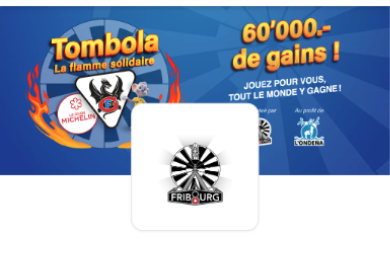Recadrage de l'écran d'accueil — bandeau « La flamme solidaire » bleu roi et flammes de la tombola Table Ronde n°8 Fribourg.