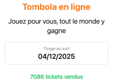 Recadrage de l'écran d'accueil — date du tirage et compteur « 7 086 tickets vendus » de la tombola Table Ronde n°8 Fribourg.