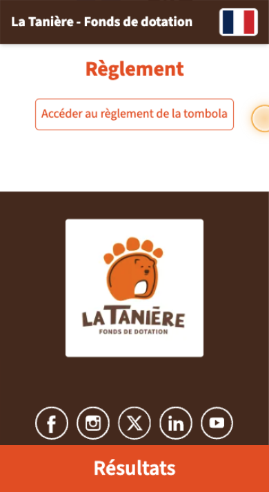 Écran iPhone — règlement de la tombola La Tanière dans l'application GoTombola : bouton « Accéder au règlement de la tombola » et logo du fonds de dotation.