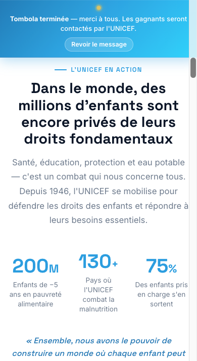 Écran iPhone — section éditoriale « L'UNICEF en action » détaillant 200 millions d'enfants vaccinés par an, 130+ pays soutenus et 75 % des fonds reversés aux programmes.