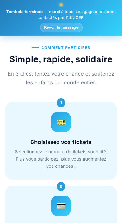 Écran iPhone — section participation UNICEF avec invitation à partager le lien de la tombola et compteur des dons collectés par participant.