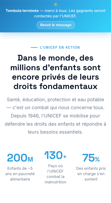 Écran iPhone — paiement sécurisé de la tombola UNICEF par Apple Pay, Google Pay ou carte bancaire, certifié 3D Secure.