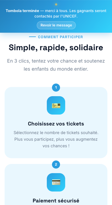 Écran iPhone — confirmation de participation : numéro de ticket UNICEF unique, message de remerciement et accès direct au bon de participation à télécharger.