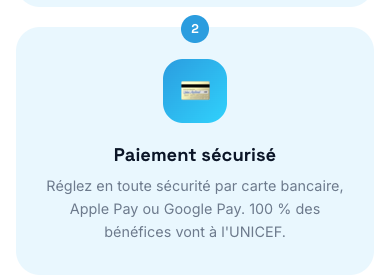 Bloc « Paiement sécurisé » — paiement par carte, Apple Pay ou Google Pay de la tombola UNICEF