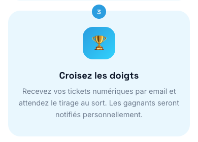Bloc « Croisez les doigts » — confirmation de participation à la tombola UNICEF, tickets envoyés par email